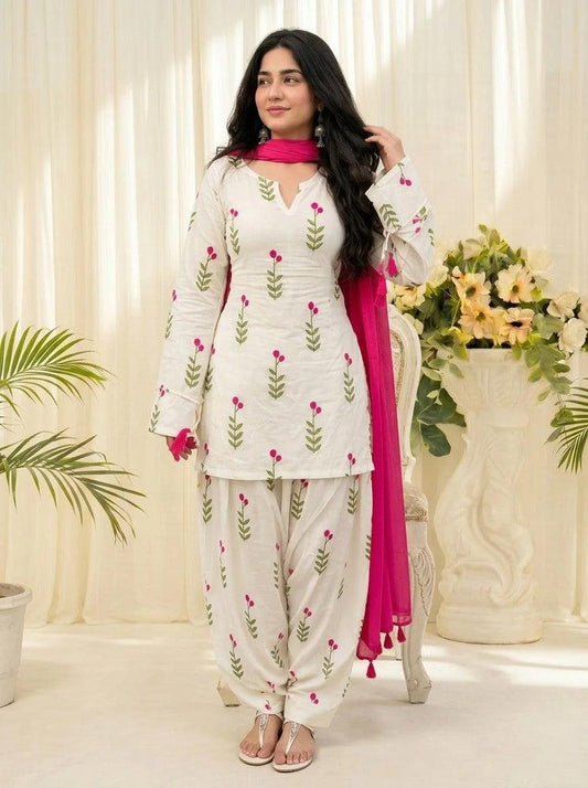 White Floral Printed Cotton 3 Piece Kurta Set with Pink Dupatta