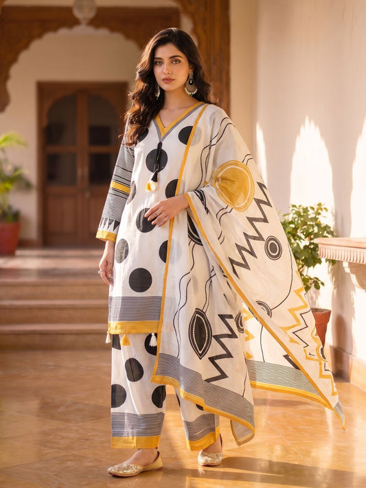 White Yellow Black Abstract Kurta Palazzo Dupatta Set