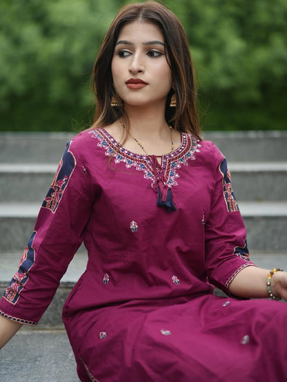 Magenta Printed Kurta Set with Traditional Ajrakh Dupatta