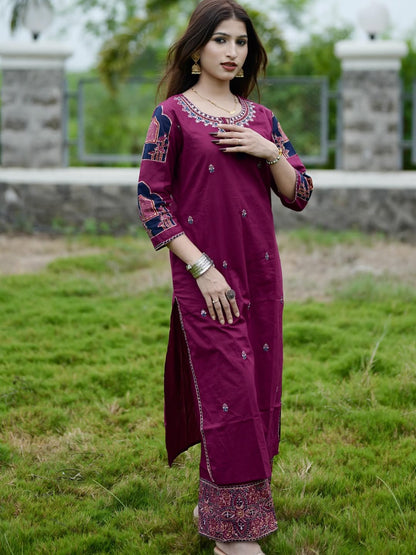 Magenta Printed Kurta Set with Traditional Ajrakh Dupatta