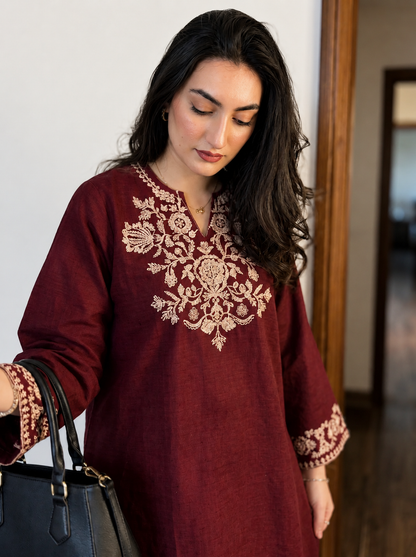 Maroon Embroidered Kurta with Ivory Wide-Leg Pants