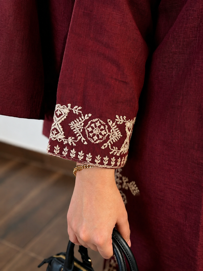 Maroon Embroidered Kurta with Ivory Wide-Leg Pants