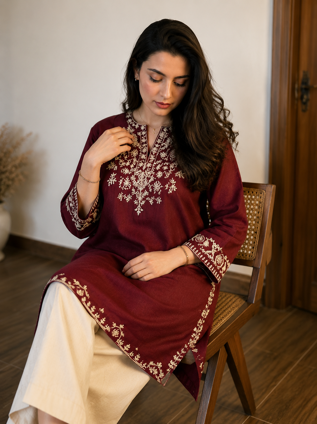 Maroon Embroidered Kurta with Ivory Wide-Leg Pants