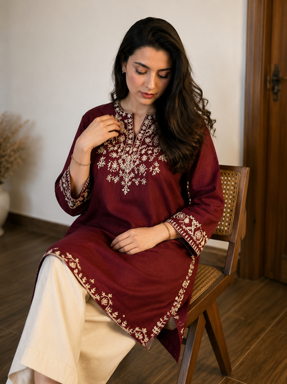 Maroon Embroidered Kurta with Ivory Wide-Leg Pants