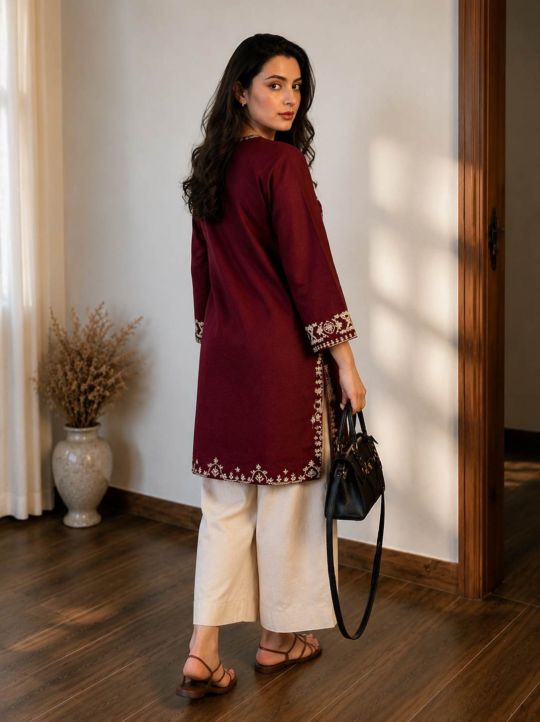 Maroon Embroidered Kurta with Ivory Wide-Leg Pants