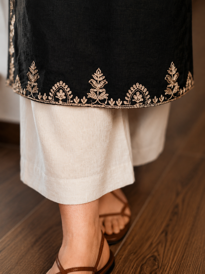 Embroidered Black Kurta with Ivory Wide-Leg Pants