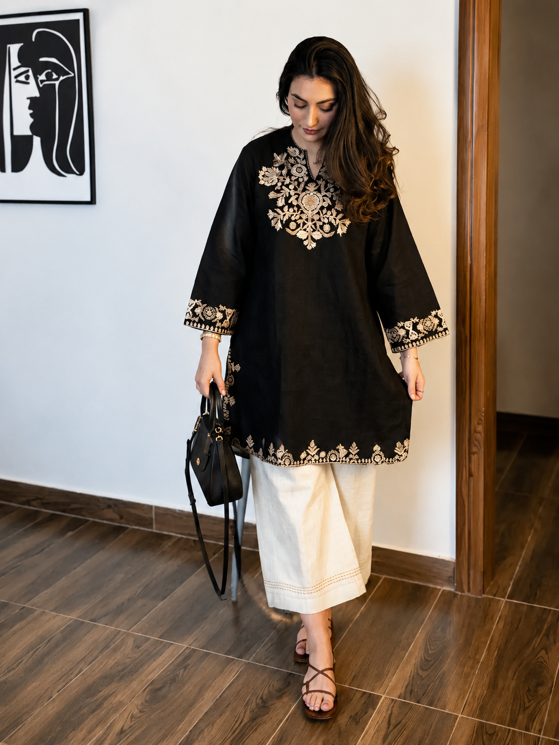 Embroidered Black Kurta with Ivory Wide-Leg Pants