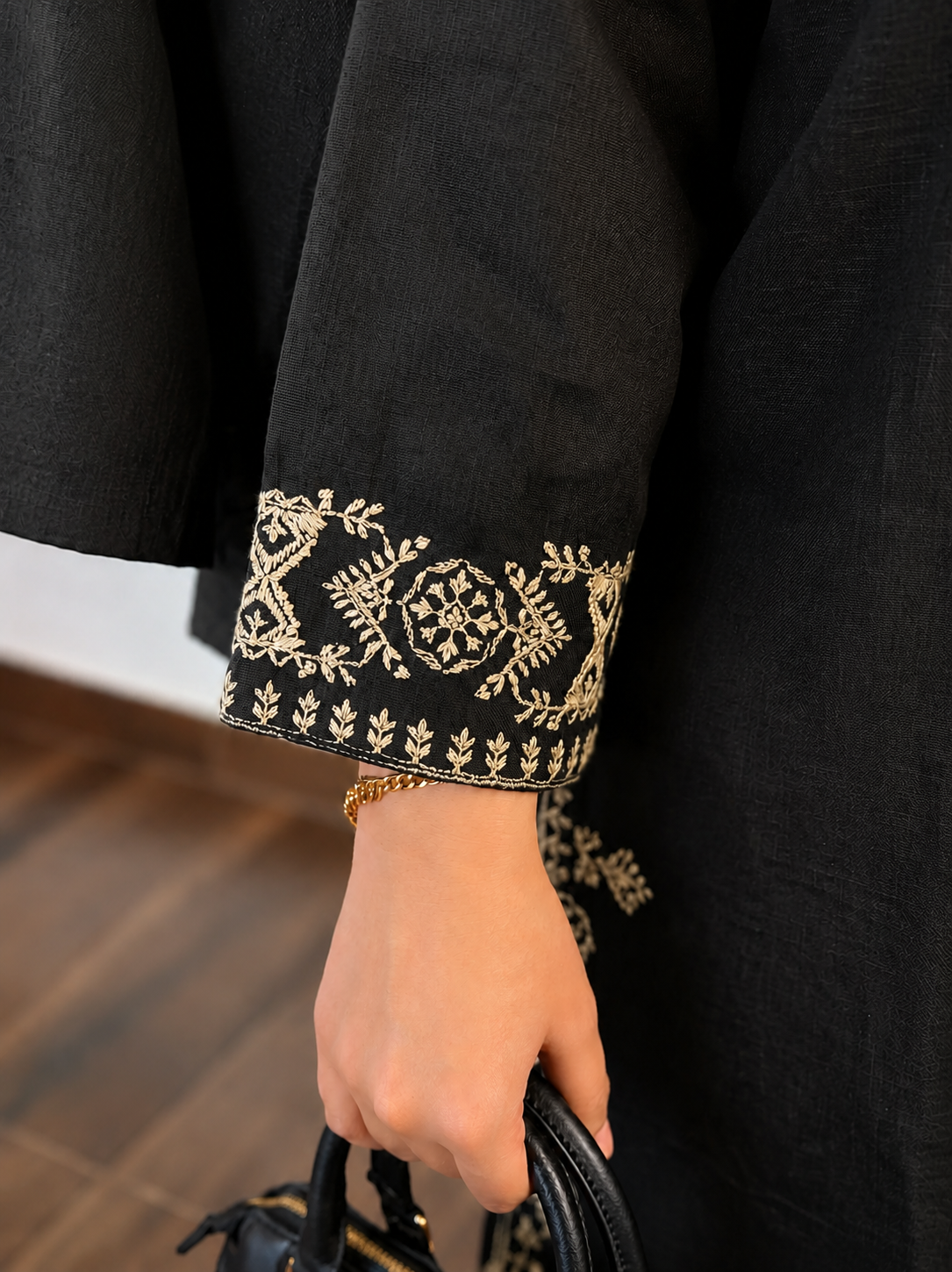 Embroidered Black Kurta with Ivory Wide-Leg Pants