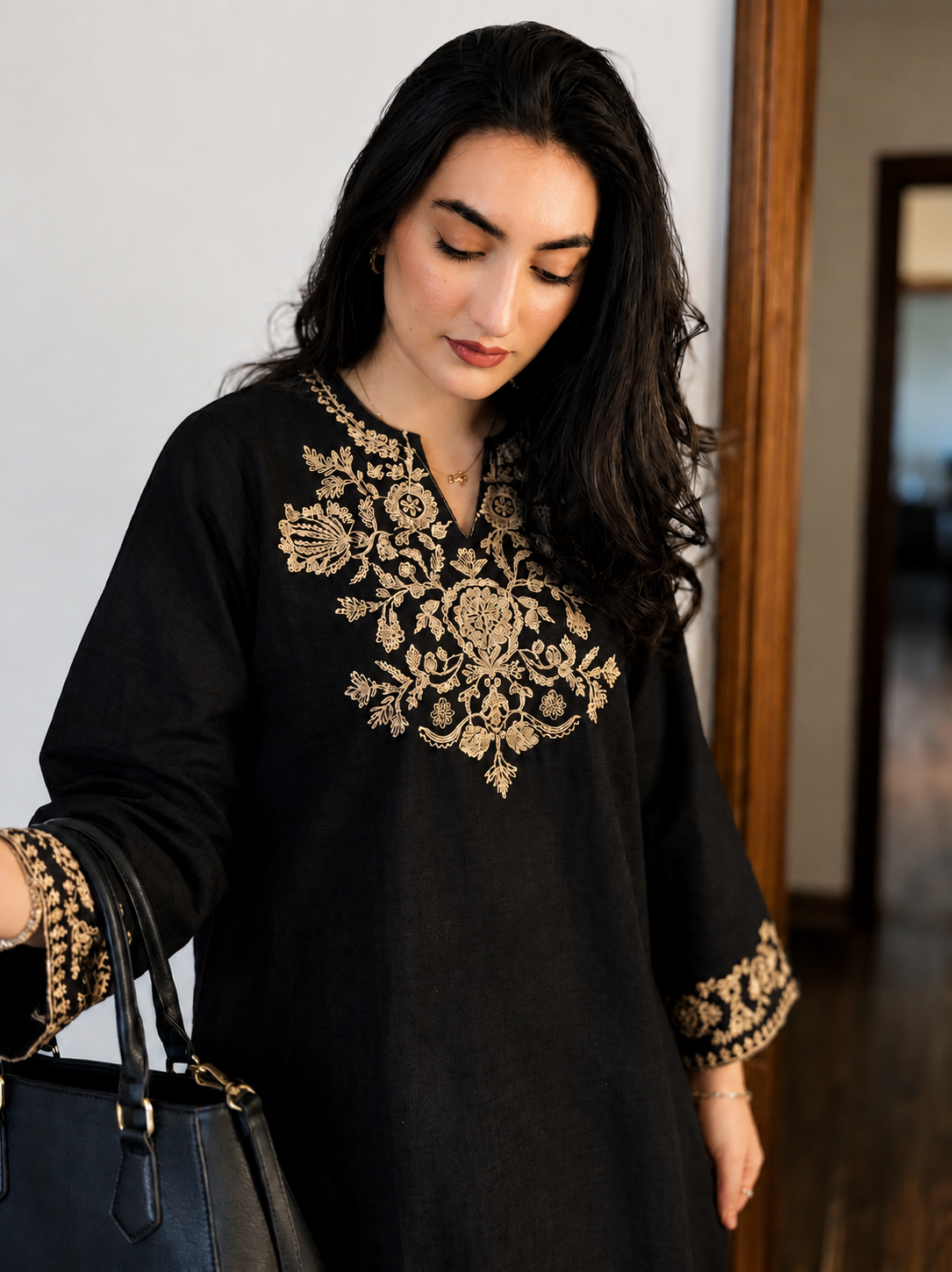 Embroidered Black Kurta with Ivory Wide-Leg Pants
