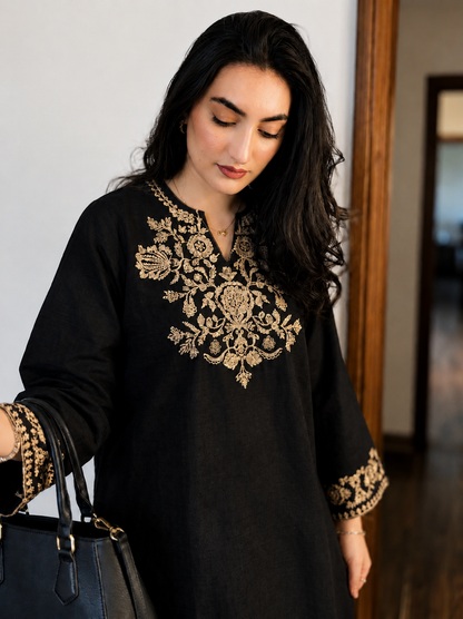 Embroidered Black Kurta with Ivory Wide-Leg Pants