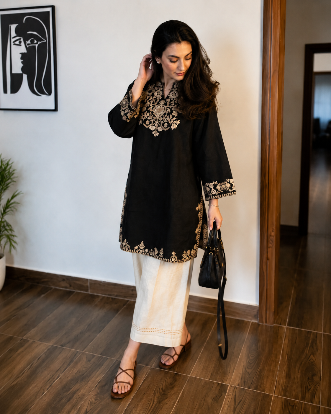 Embroidered Black Kurta with Ivory Wide-Leg Pants