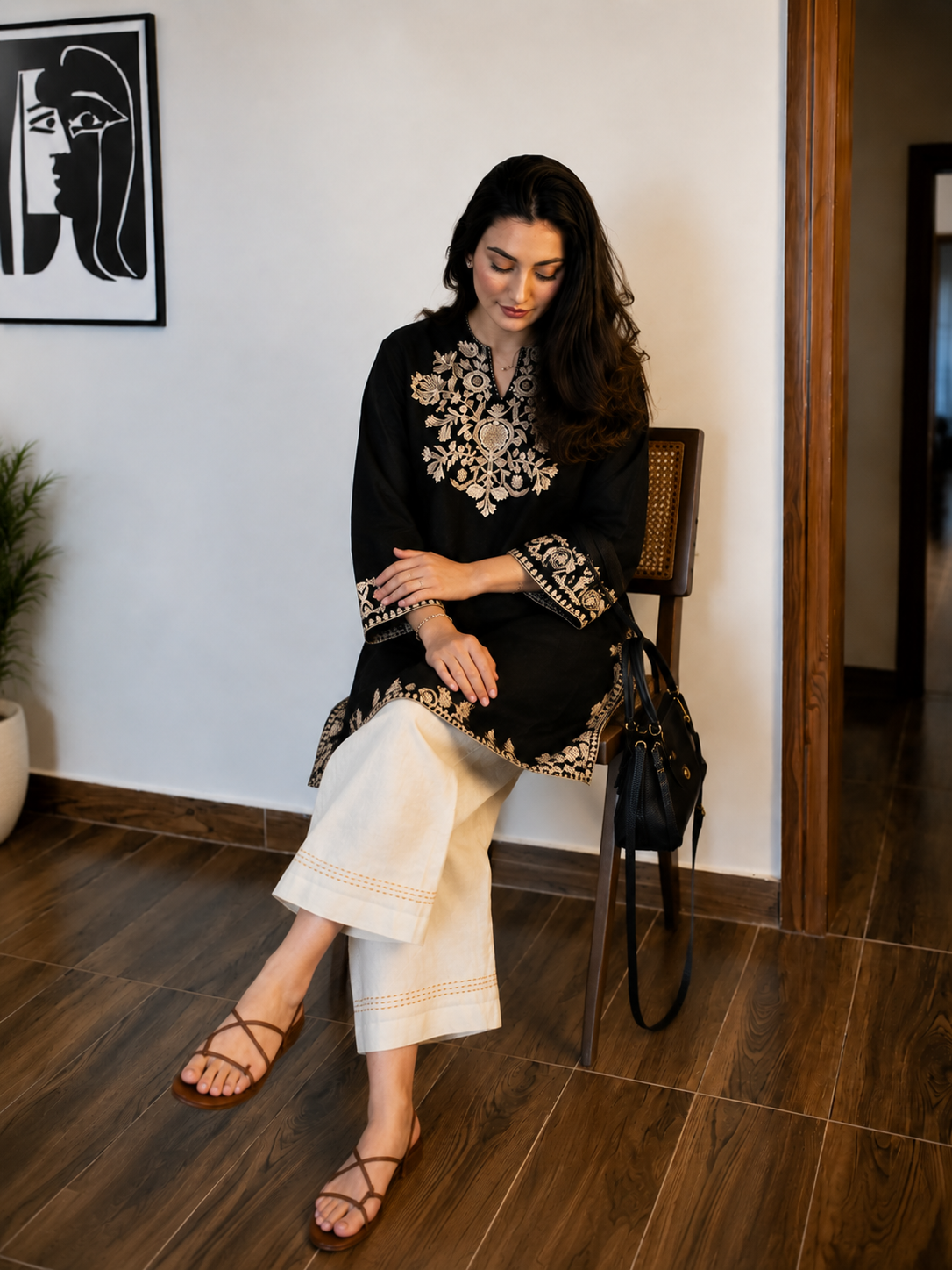 Embroidered Black Kurta with Ivory Wide-Leg Pants