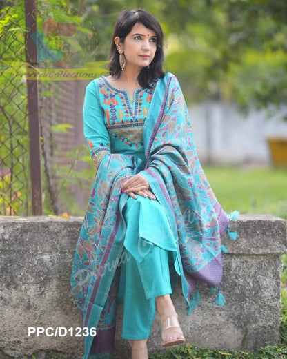 Jaipuri Turquoise Blue Embroidered Cotton Suit Set with Printed Dupatta – Elegant Ethnic Wear for Women