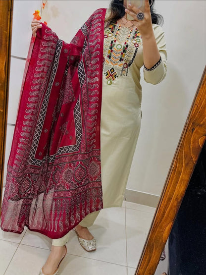 Jaipuri White Hand-Embroidered Kurta Set with Ajrakh Print Dupatta