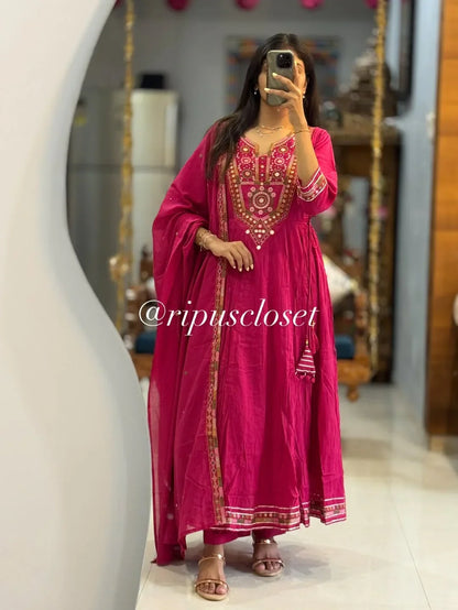 Hot Pink Mirror-Work Anarkali Kurta Set with Dupatta