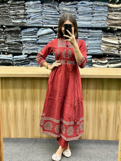 Premium Rust Red Ajrakh Cotton Kurti Pant Dupatta Set
