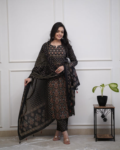 Black Printed Cotton Kurta Pant Set with Dupatta for Women
