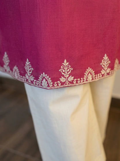 Embroidered Pink Kurta with Ivory Wide-Leg Pants