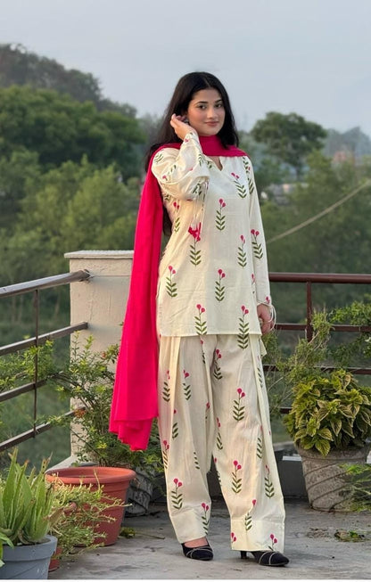 White Floral Printed Cotton 3 Piece Kurta Set with Pink Dupatta