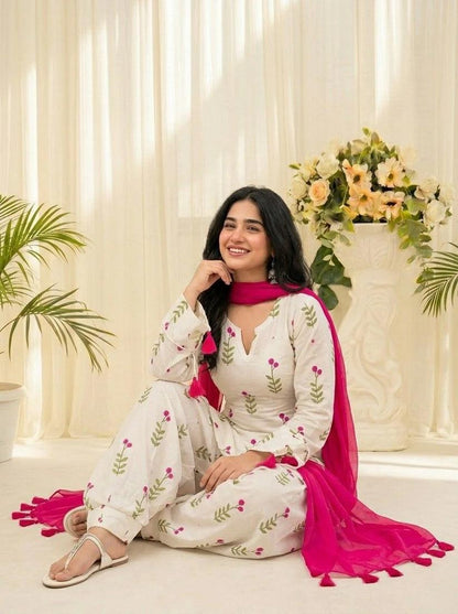 White Floral Printed Cotton 3 Piece Kurta Set with Pink Dupatta