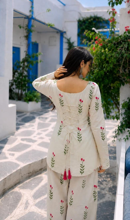 White Floral Printed Cotton 3 Piece Kurta Set with Pink Dupatta