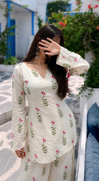 White Floral Printed Cotton 3 Piece Kurta Set with Pink Dupatta