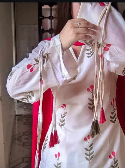 White Floral Printed Cotton 3 Piece Kurta Set with Pink Dupatta