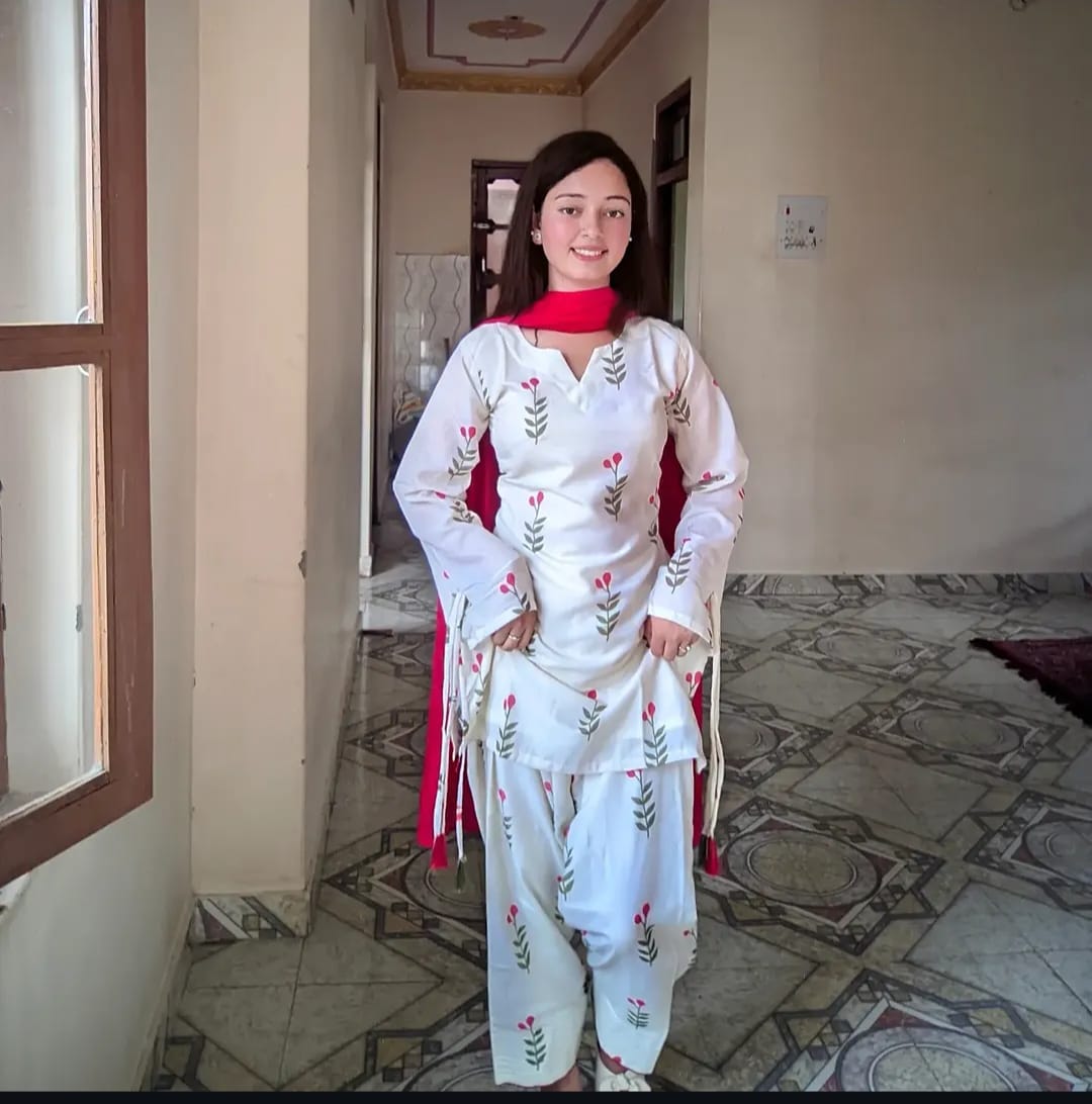 White Floral Printed Cotton 3 Piece Kurta Set with Pink Dupatta