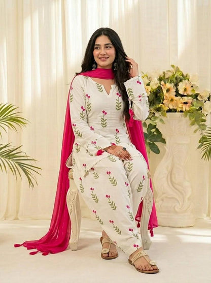White Floral Printed Cotton 3 Piece Kurta Set with Pink Dupatta