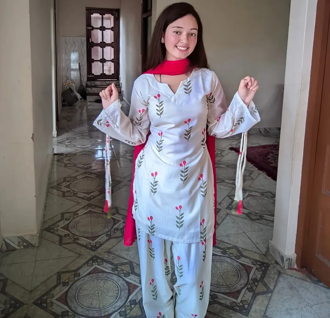 White Floral Printed Cotton 3 Piece Kurta Set with Pink Dupatta