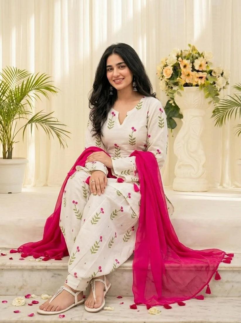 White Floral Printed Cotton 3 Piece Kurta Set with Pink Dupatta