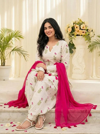 White Floral Printed Cotton 3 Piece Kurta Set with Pink Dupatta