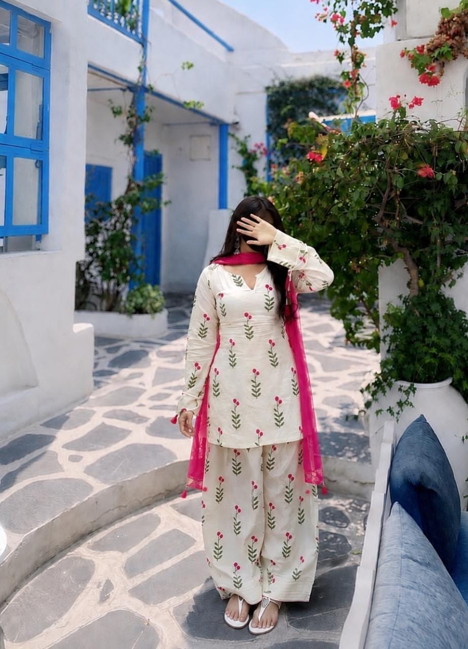 White Floral Printed Cotton 3 Piece Kurta Set with Pink Dupatta