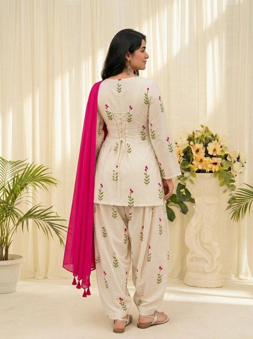 White Floral Printed Cotton 3 Piece Kurta Set with Pink Dupatta