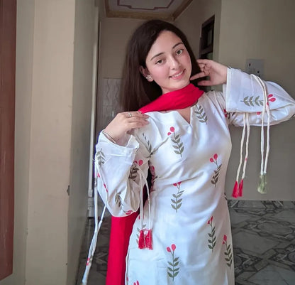 White Floral Printed Cotton 3 Piece Kurta Set with Pink Dupatta