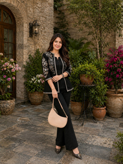 Black Embroidered Jacket Top Palazzo Co-ord Set