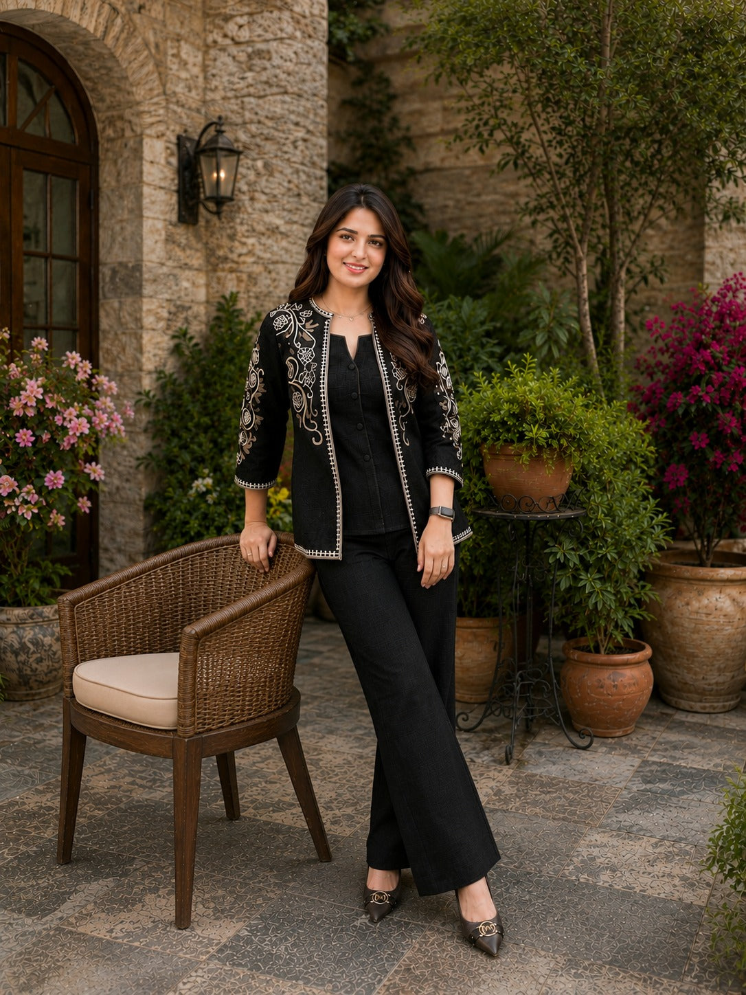 Black Embroidered Jacket Top Palazzo Co-ord Set