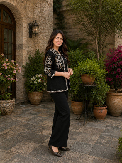 Black Embroidered Jacket Top Palazzo Co-ord Set
