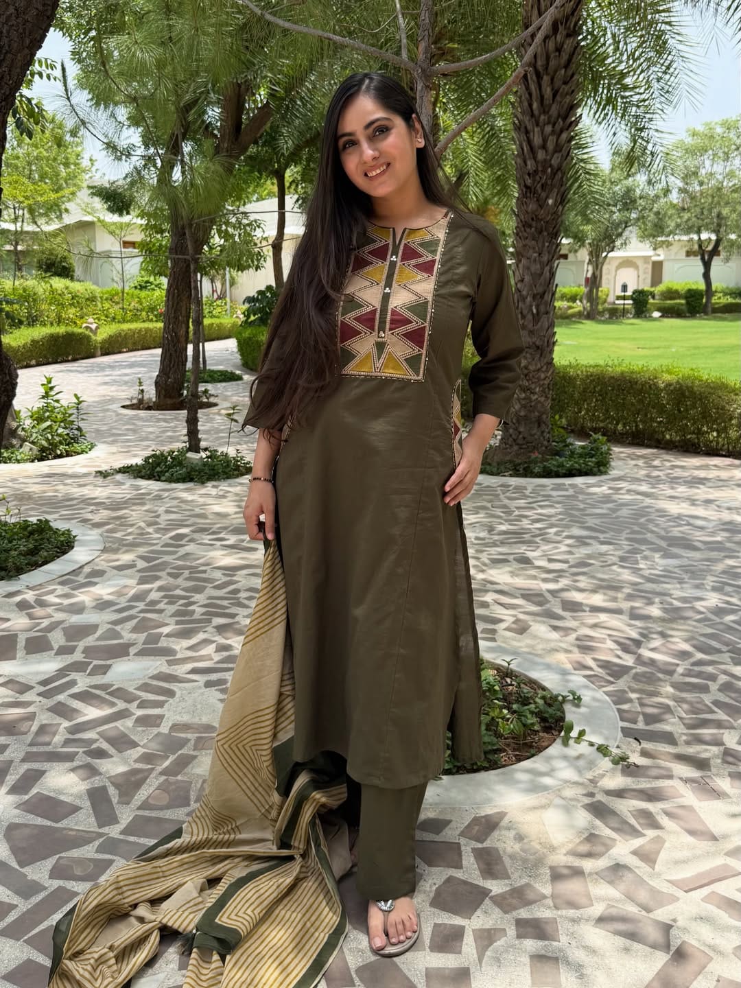 Olive Green Embroidered Kurta Pant Dupatta Set
