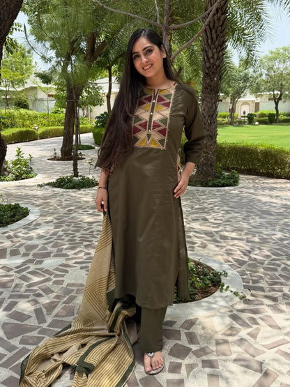 Olive Green Embroidered Kurta Pant Dupatta Set
