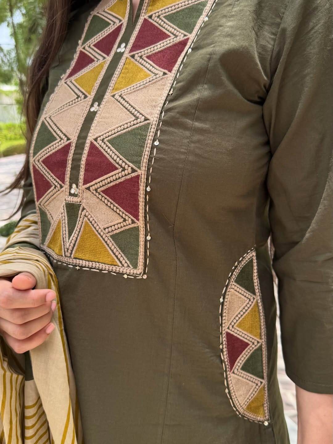 Olive Green Embroidered Kurta Pant Dupatta Set