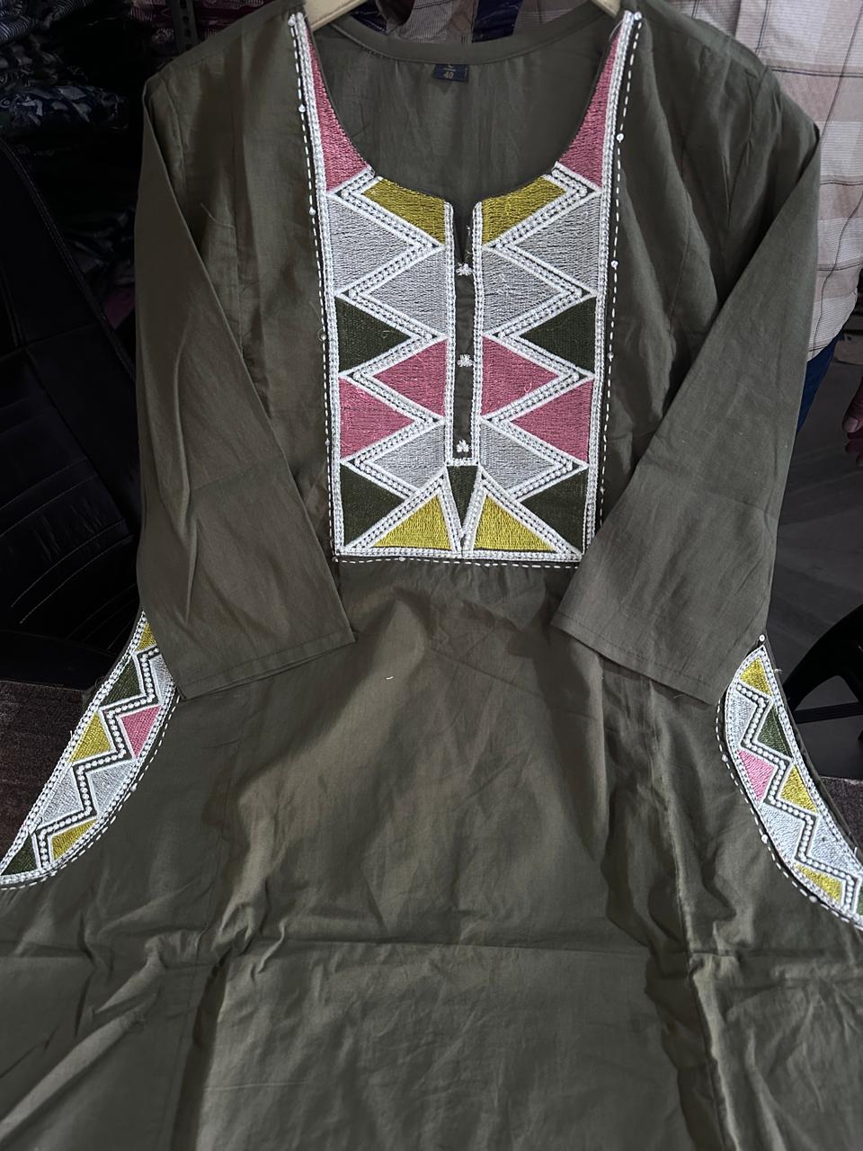 Olive Green Embroidered Kurta Pant Dupatta Set