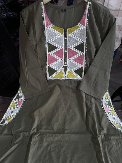 Olive Green Embroidered Kurta Pant Dupatta Set