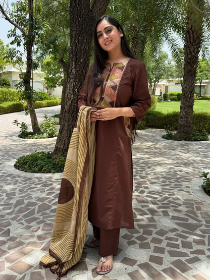 Maroon Embroidered Kurta Pant Dupatta Set