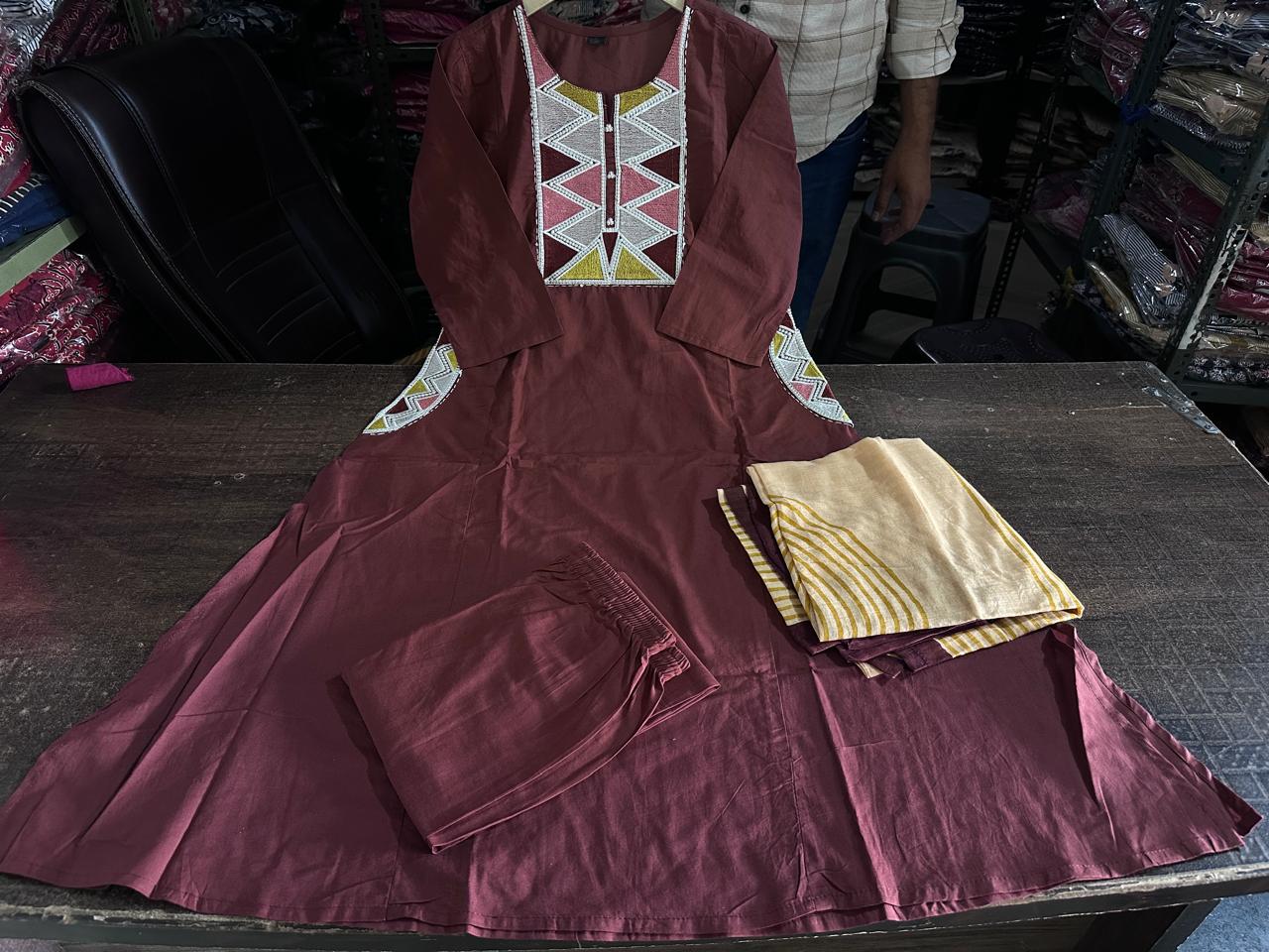 Maroon Embroidered Kurta Pant Dupatta Set
