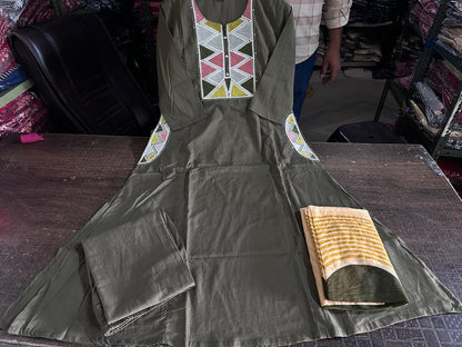 Olive Green Embroidered Kurta Pant Dupatta Set