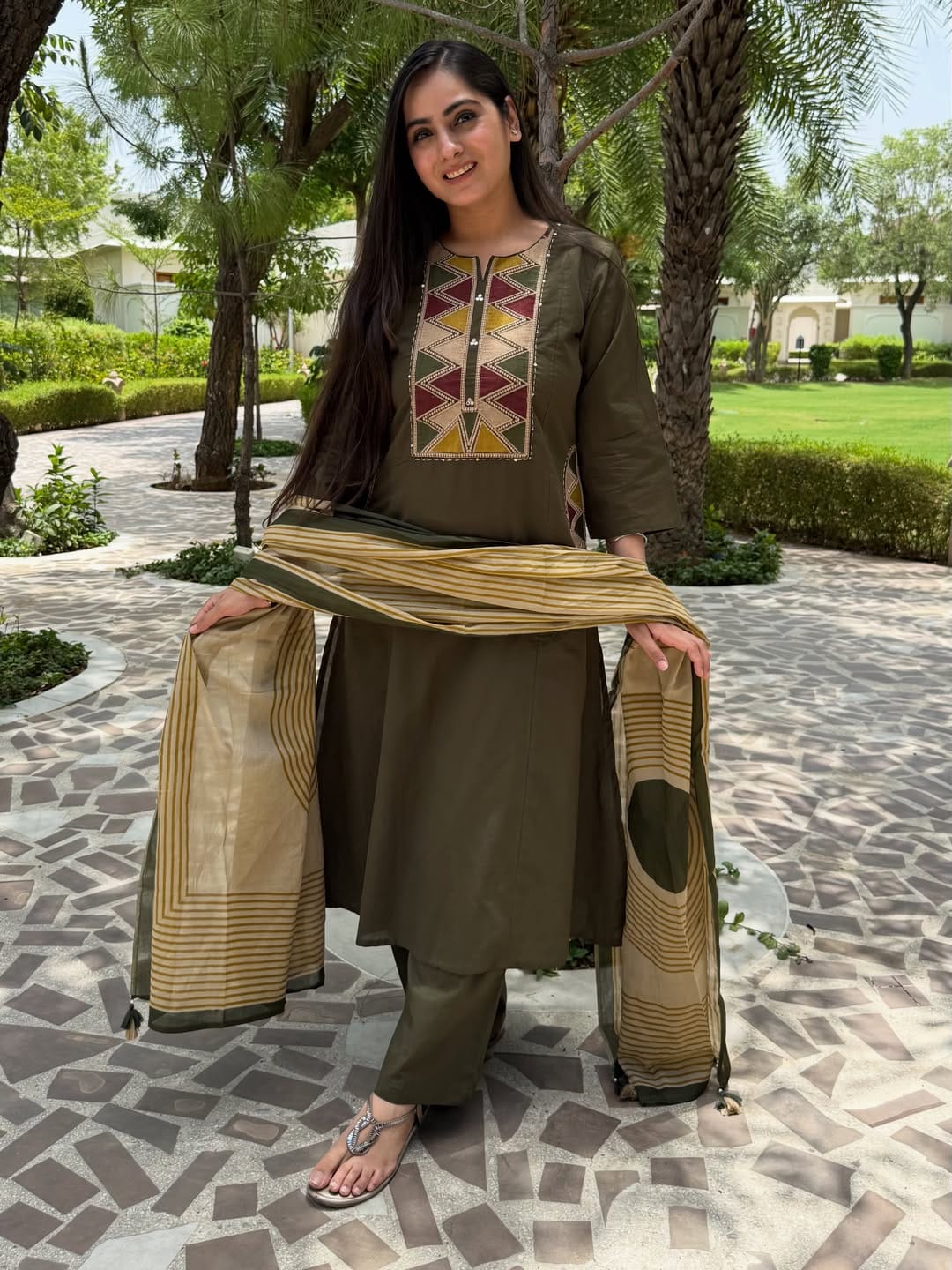 Olive Green Embroidered Kurta Pant Dupatta Set