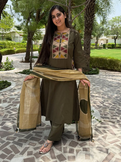 Olive Green Embroidered Kurta Pant Dupatta Set