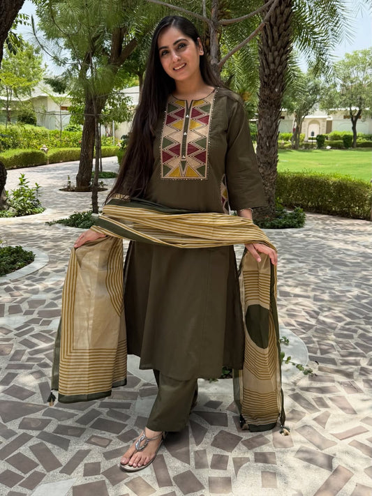 Olive Green Embroidered Kurta Pant Dupatta Set