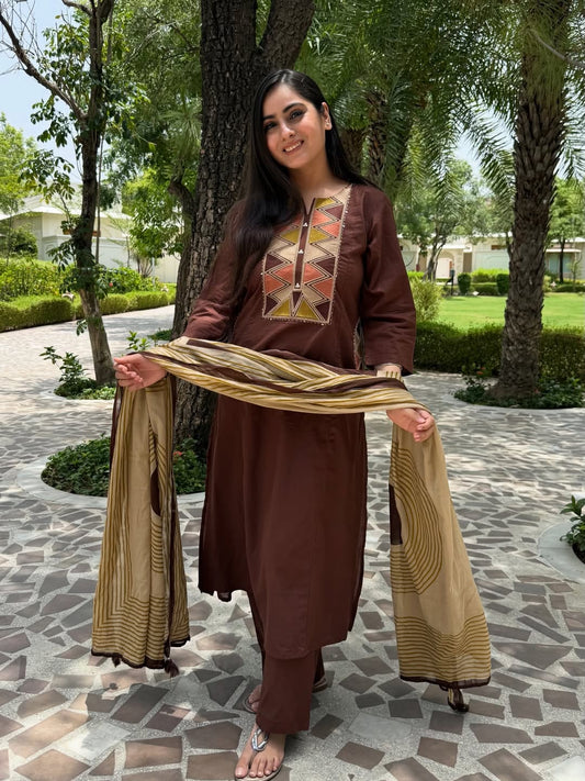 Maroon Embroidered Kurta Pant Dupatta Set